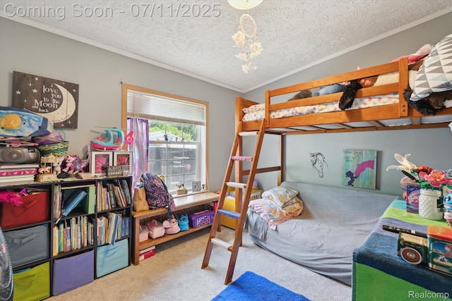 3410 Eastdale Dr, Flint, MI 48506 - carpeted bedroom with ornamental molding, a chandelier, and a textured ceiling