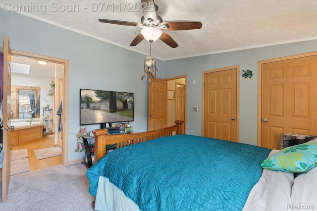 3410 Eastdale Dr, Flint, MI 48506 - carpeted bedroom with a textured ceiling, crown molding, a ceiling fan, and connected bathroom