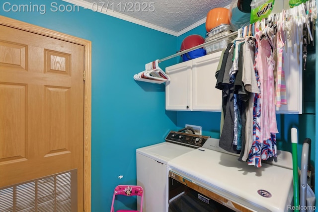 3410 Eastdale Dr, Flint, MI 48506 - laundry area with washer and dryer, cabinet space, ornamental molding, and a textured ceiling