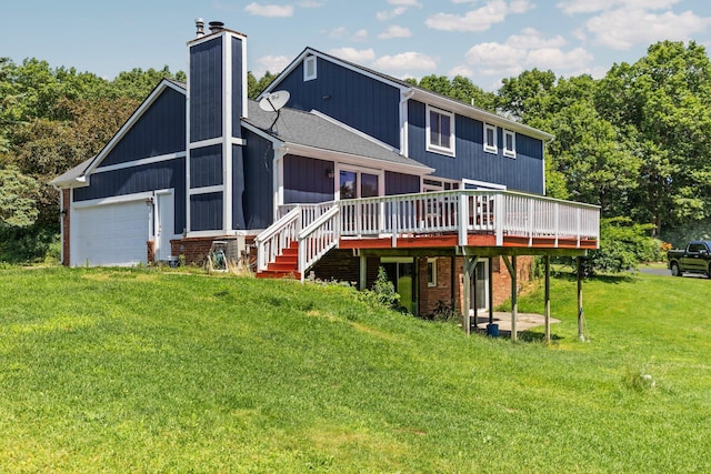2017 Cumberland Dr, Brighton, MI 48114 - back of property featuring a chimney, a wooden deck, a yard, and a garage