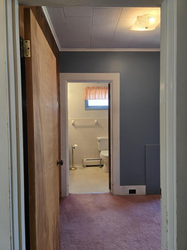505 N Pine St, Evart, MI 49631 - corridor with a baseboard heating unit, carpet flooring, crown molding, and tile walls