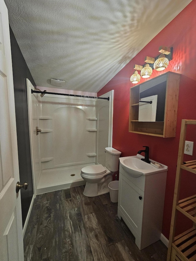 227 W Nelson St, Hastings, MI 49058 - bathroom featuring a textured ceiling, wood finished floors, vanity, walk in shower, and lofted ceiling