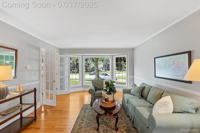 455 Leicester St, Plymouth, MI 48170 - living room featuring french doors, healthy amount of natural light, light wood-style floors, and crown molding