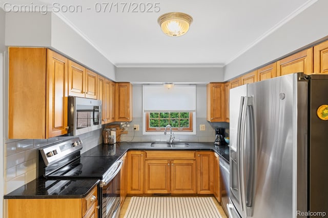 455 Leicester St, Plymouth, MI 48170 - kitchen featuring stainless steel appliances, crown molding, brown cabinets, decorative backsplash, and dark stone counters