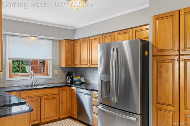 455 Leicester St, Plymouth, MI 48170 - kitchen with appliances with stainless steel finishes, brown cabinetry, decorative backsplash, dark countertops, and ornamental molding