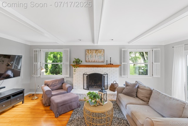 455 Leicester St, Plymouth, MI 48170 - living room with plenty of natural light, beamed ceiling, light wood-style flooring, and a fireplace