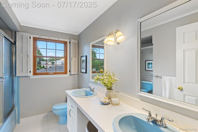 455 Leicester St, Plymouth, MI 48170 - full bath featuring double vanity, crown molding, enclosed tub / shower combo, and tile patterned floors