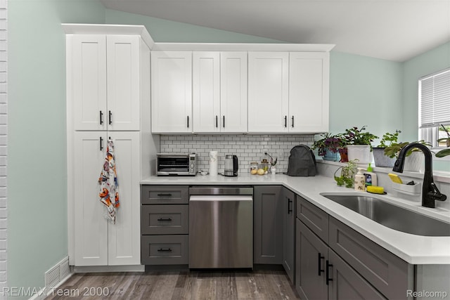 7396 N Charlesworth St, Dearborn Heights, MI 48127 - kitchen featuring dishwasher, gray cabinets, lofted ceiling, light countertops, and tasteful backsplash