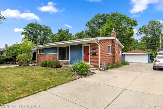 7396 N Charlesworth St, Dearborn Heights, MI 48127 - view of front facade featuring brick siding, a garage, a front yard, and a chimney