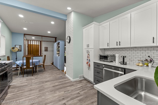 7396 N Charlesworth St, Dearborn Heights, MI 48127 - kitchen featuring stainless steel appliances, light countertops, recessed lighting, backsplash, and white cabinetry