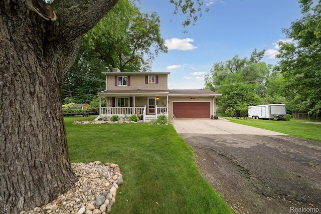 514 Sulley St, Waterford, MI 48327 - traditional-style house with covered porch, asphalt driveway, a garage, a chimney, and a front yard