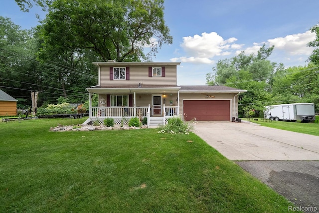 514 Sulley St, Waterford, MI 48327 - traditional-style house featuring a porch, a garage, concrete driveway, and a front lawn