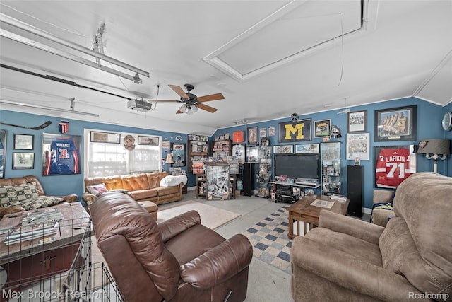 611 N Melborn St, Dearborn, MI 48128 - living area featuring attic access, a ceiling fan, and vaulted ceiling
