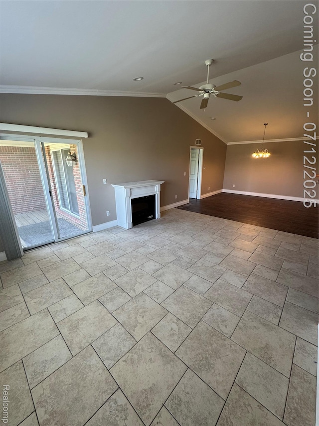 45562 Warwick Dr, Macomb, MI 48044 - unfurnished living room with crown molding, ceiling fan, a fireplace, and vaulted ceiling
