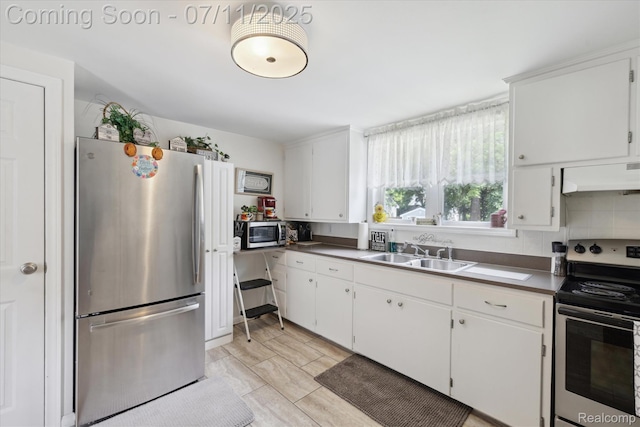 1338 W King St, Owosso, MI 48867 - kitchen featuring appliances with stainless steel finishes, under cabinet range hood, white cabinetry, backsplash, and dark countertops