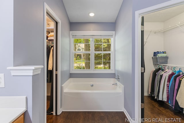 13462 Ravine View Dr, Grand Haven, MI 49417 - bathroom featuring a spacious closet, a bath, wood finished floors, and vanity