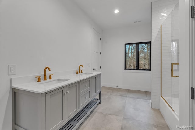 4627 Cimarron Dr, Bloomfield Hills, MI 48302 - full bathroom with double vanity, recessed lighting, and enclosed tub / shower combo