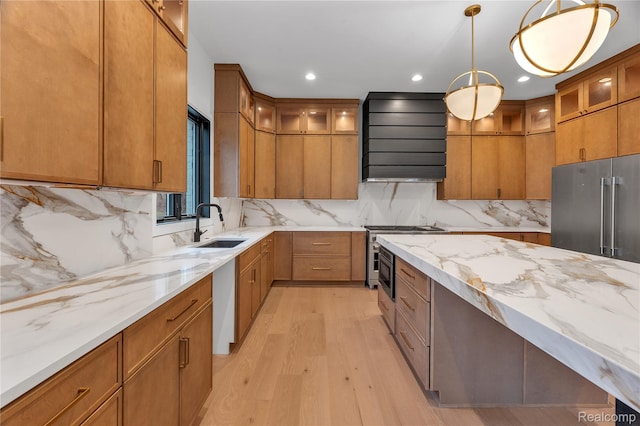 4627 Cimarron Dr, Bloomfield Hills, MI 48302 - kitchen with exhaust hood, light wood-type flooring, light stone countertops, stainless steel appliances, and recessed lighting