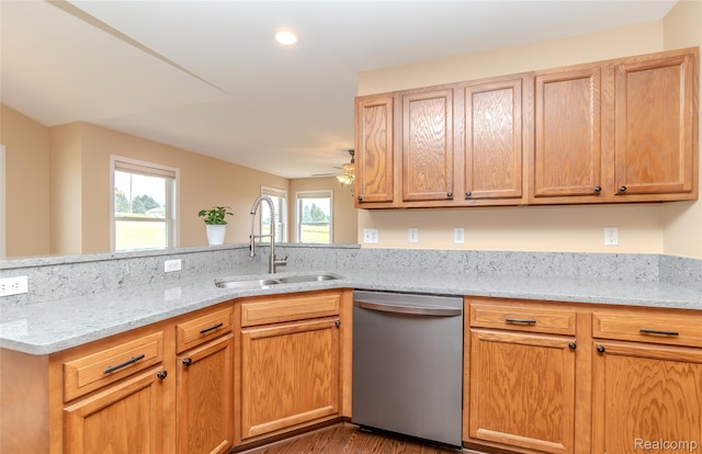 16017 Whippoorwill Ct, Manchester, MI 48158 - kitchen with dishwasher, light stone countertops, dark wood-style floors, a peninsula, and a ceiling fan