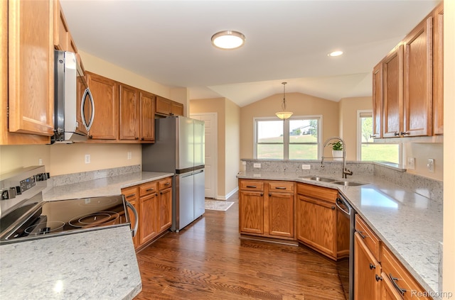 16017 Whippoorwill Ct, Manchester, MI 48158 - kitchen featuring stainless steel appliances, dark wood finished floors, lofted ceiling, a peninsula, and hanging light fixtures