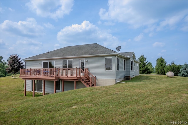 16017 Whippoorwill Ct, Manchester, MI 48158 - rear view of house with a wooden deck, a yard, roof with shingles, and stairway