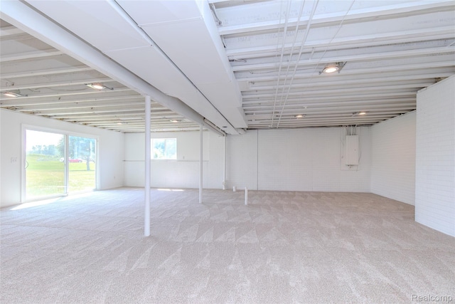 16017 Whippoorwill Ct, Manchester, MI 48158 - below grade area with carpet, electric panel, and brick wall