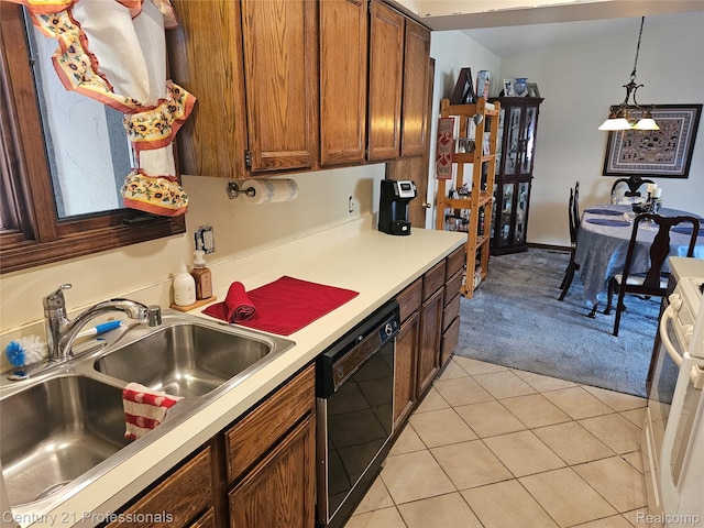 4866 Elm Tree Ln, Warren, MI 48092 - kitchen featuring dishwasher, light carpet, light countertops, light tile patterned floors, and hanging light fixtures