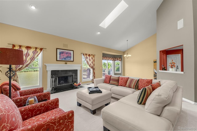 24065 Timber Creek Ln, Flat Rock, MI 48134 - living room with carpet floors, a skylight, a chandelier, high vaulted ceiling, and a premium fireplace