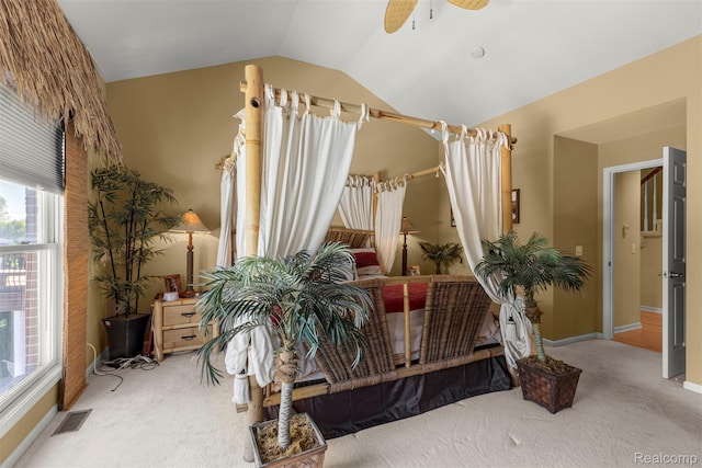 24065 Timber Creek Ln, Flat Rock, MI 48134 - carpeted bedroom with vaulted ceiling and a ceiling fan