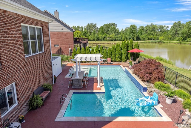 24065 Timber Creek Ln, Flat Rock, MI 48134 - view of pool with a fenced backyard, a patio, a water view, a pergola, and view of scattered trees