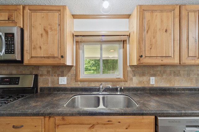 19905 N Ave, Battle Creek, MI 49017 - kitchen with appliances with stainless steel finishes, decorative backsplash, dark countertops, and a textured ceiling