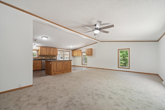 19905 N Ave, Battle Creek, MI 49017 - unfurnished living room featuring healthy amount of natural light, carpet floors, crown molding, ceiling fan, and a textured ceiling