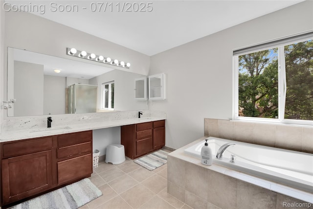 3454 Everett Dr, Rochester Hills, MI 48307 - full bath featuring double vanity, a stall shower, tile patterned floors, and a garden tub