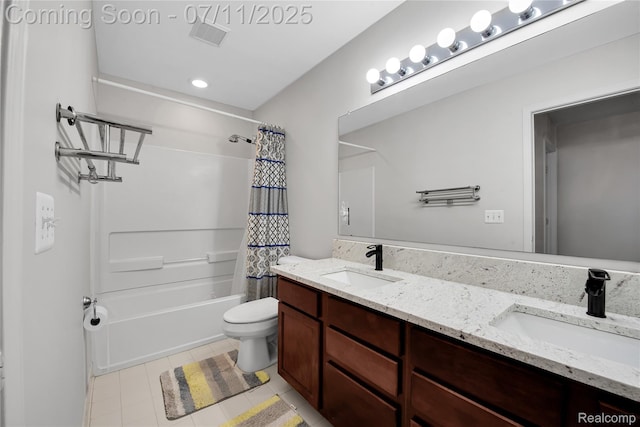 3454 Everett Dr, Rochester Hills, MI 48307 - bathroom featuring double vanity, shower / tub combo with curtain, tile patterned floors, and recessed lighting