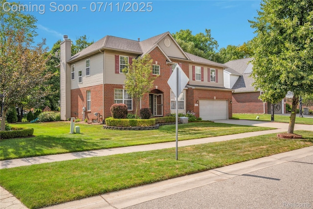 3454 Everett Dr, Rochester Hills, MI 48307 - view of front of home featuring brick siding, an attached garage, concrete driveway, a chimney, and a front yard