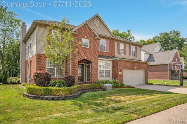 3454 Everett Dr, Rochester Hills, MI 48307 - view of front facade with brick siding, concrete driveway, an attached garage, and a front lawn