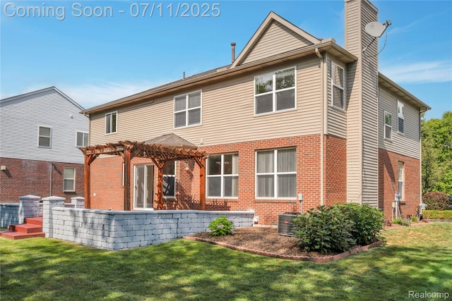 3454 Everett Dr, Rochester Hills, MI 48307 - rear view of property with a chimney, brick siding, a pergola, and a yard