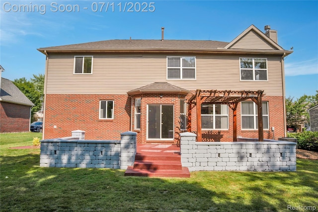 3454 Everett Dr, Rochester Hills, MI 48307 - rear view of property featuring a pergola, a chimney, brick siding, and a lawn