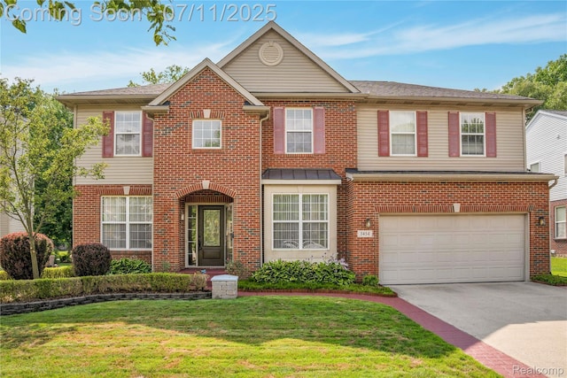 3454 Everett Dr, Rochester Hills, MI 48307 - view of front of home featuring brick siding, an attached garage, a front yard, and driveway