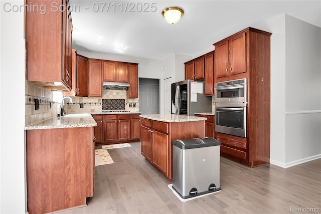 3454 Everett Dr, Rochester Hills, MI 48307 - kitchen featuring stainless steel appliances, light wood-type flooring, tasteful backsplash, under cabinet range hood, and brown cabinets