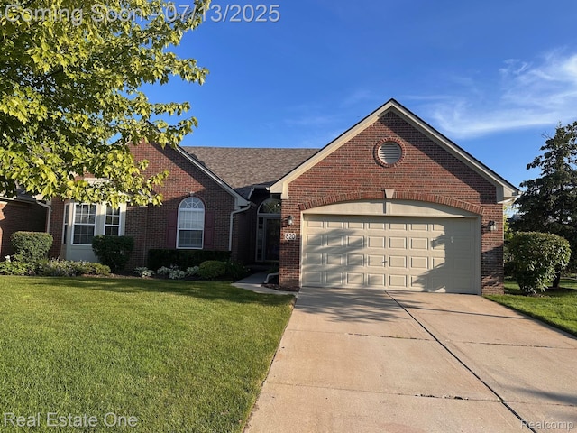 820 Woodhaven Dr, Commerce Twp, MI 48390 - single story home with brick siding, a front lawn, a garage, and concrete driveway