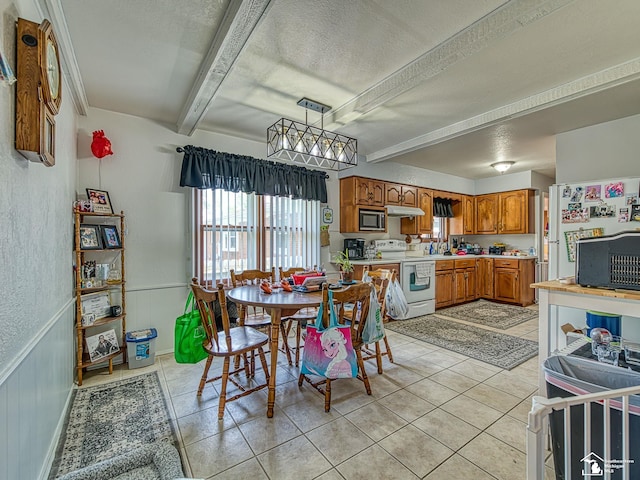 1405 Arbor Ave, Monroe, MI 48162 - dining room featuring beamed ceiling, a textured ceiling, light tile patterned floors, and a chandelier