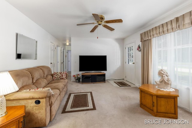1236 S Van Bruggen Dr, Plainwell, MI 49080 - living area with light colored carpet and a ceiling fan