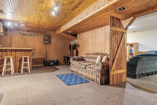 16253 1st Ln, Union Pier, MI 49129 - carpeted living area with wood walls, a dry bar, and wooden ceiling