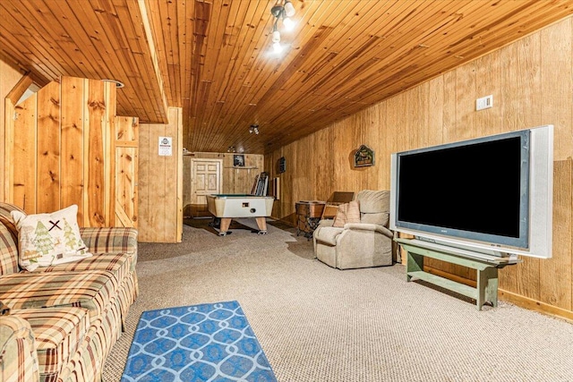 16253 1st Ln, Union Pier, MI 49129 - living room featuring wooden walls, wooden ceiling, pool table, and carpet