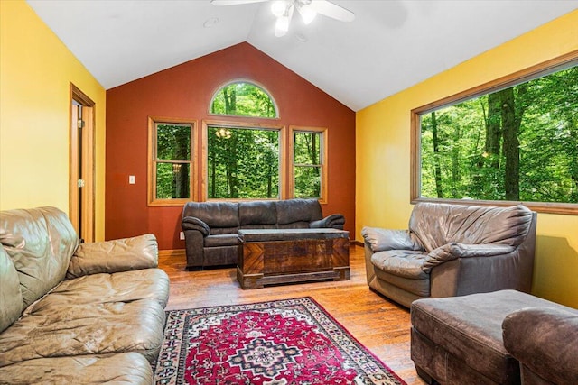 16253 1st Ln, Union Pier, MI 49129 - living room with a ceiling fan, vaulted ceiling, and wood finished floors