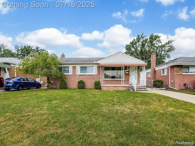 32508 Avondale St, Westland, MI 48186 - view of front of property with brick siding, a front yard, and a chimney