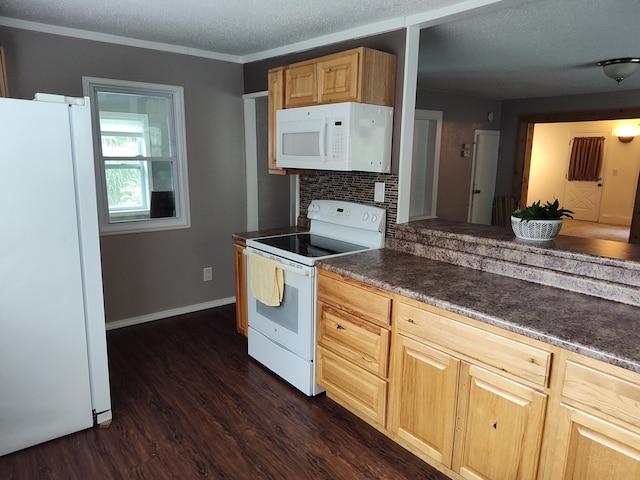 411 Block Rd, Coldwater, MI 49036 - kitchen with white appliances, dark wood-style flooring, dark countertops, light brown cabinets, and a textured ceiling