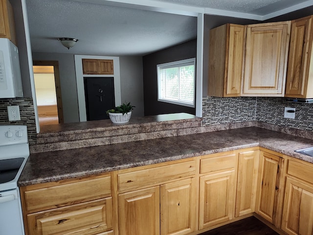 411 Block Rd, Coldwater, MI 49036 - kitchen featuring white range with electric stovetop, dark countertops, backsplash, and light brown cabinetry