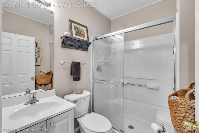 77 Sedum, Howell, MI 48843 - full bathroom featuring a shower with shower door, vanity, and ornamental molding
